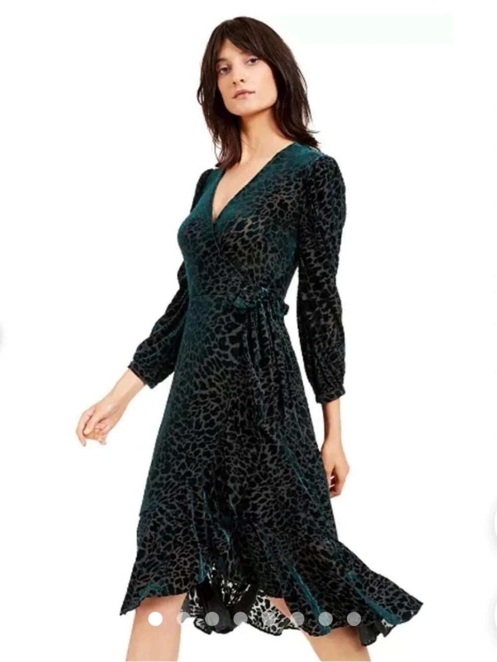 Calvin Klein Dark Green Velvet Leopard-Print Wrap Dress